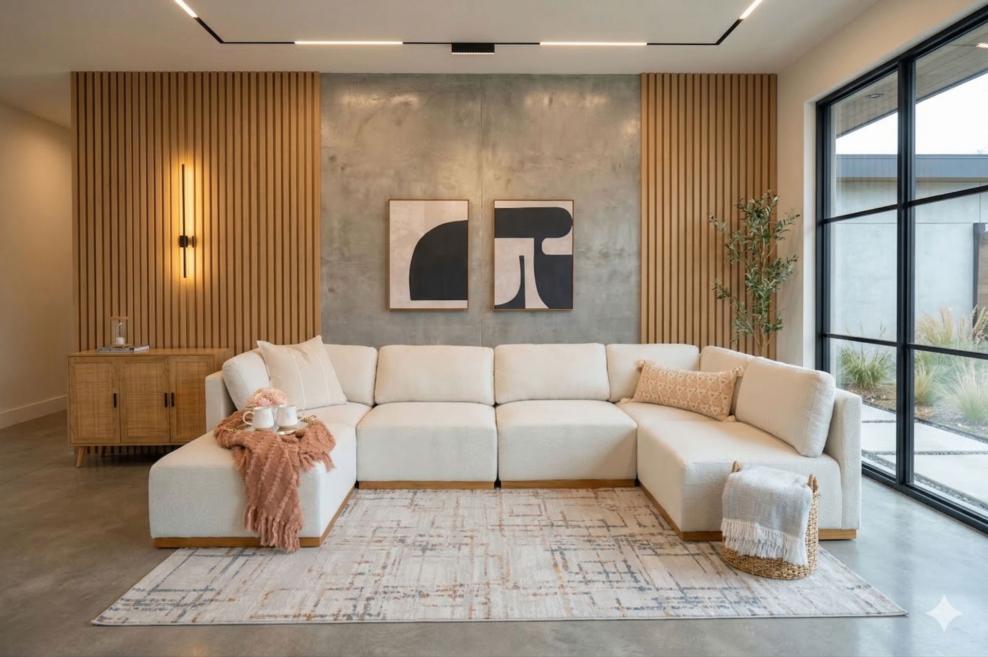 The Terra Modular sectional in cream boucle with oak base in modern living room