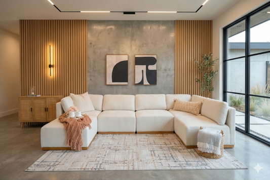 The Terra Modular sectional in cream boucle with oak base in modern living room