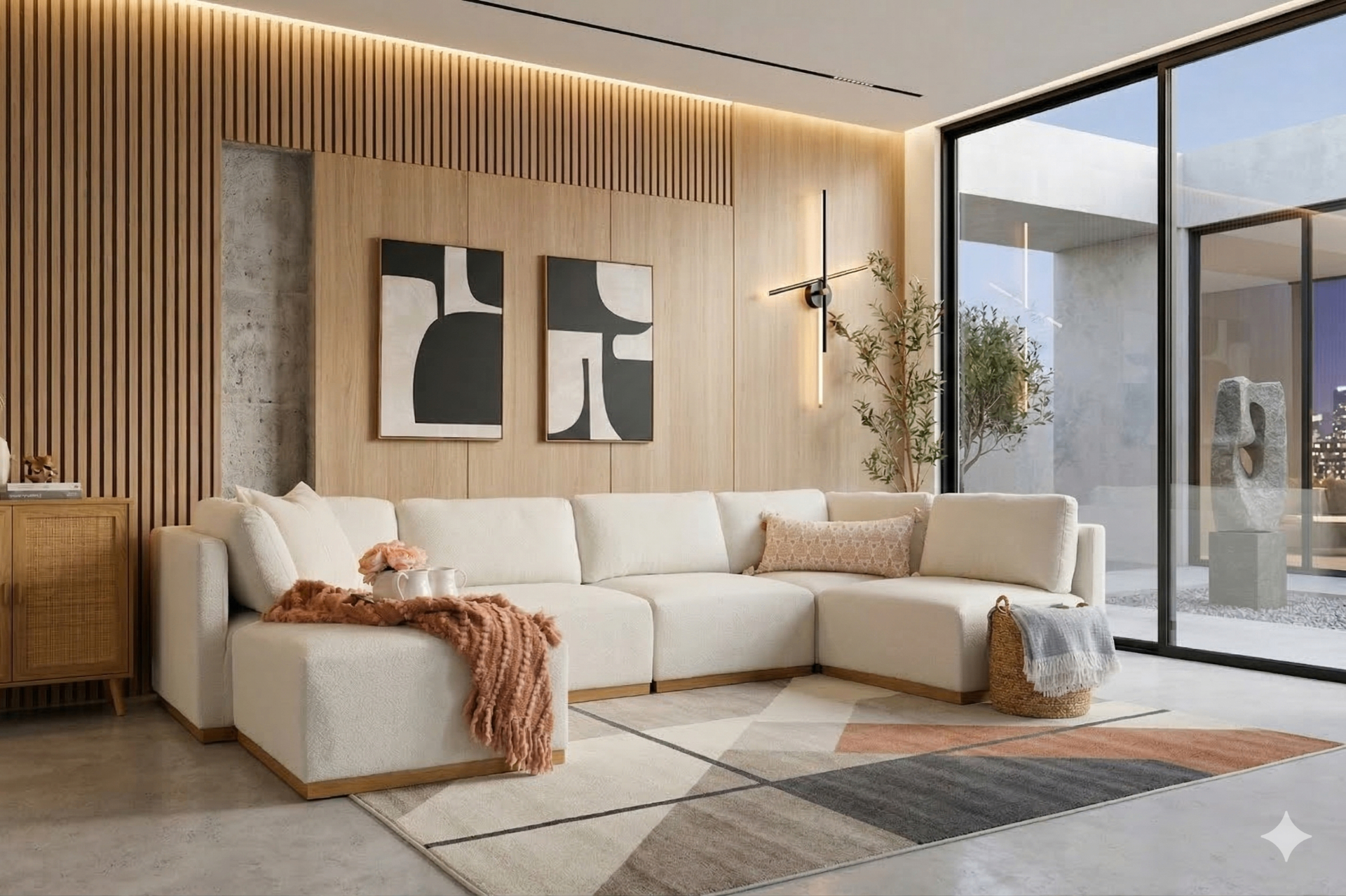 The Terra Modular sectional styled with warm accents and wood paneling